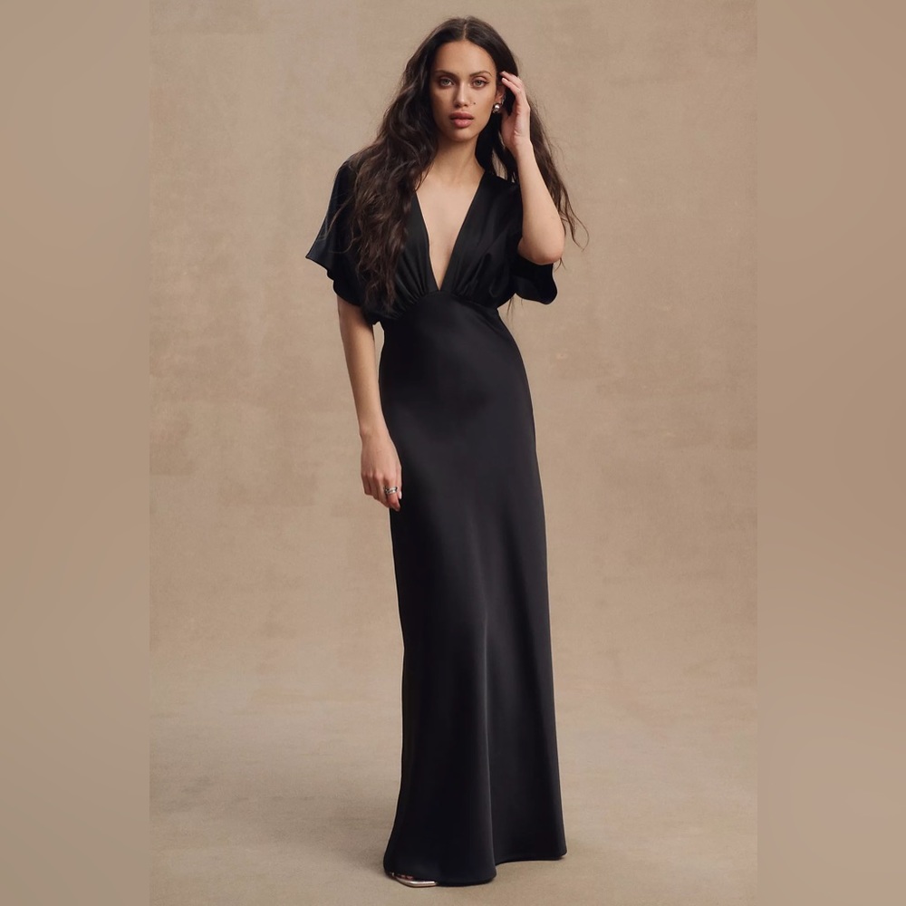 BHLDN Leila Deep-V Flutter-Sleeve Satin A-Line Gown